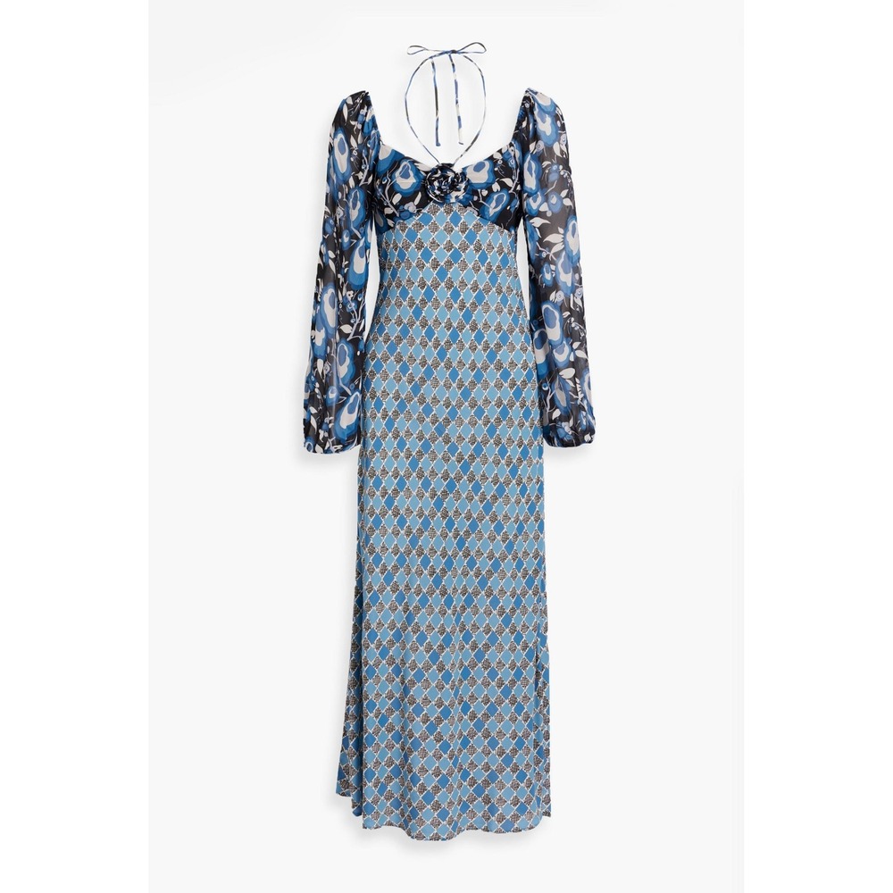 Rixo Jeanie Blue Mixed Print Maxi Dress US 12 Sheer Chiffon Bias Cut Low Back - Picture 3 of 7